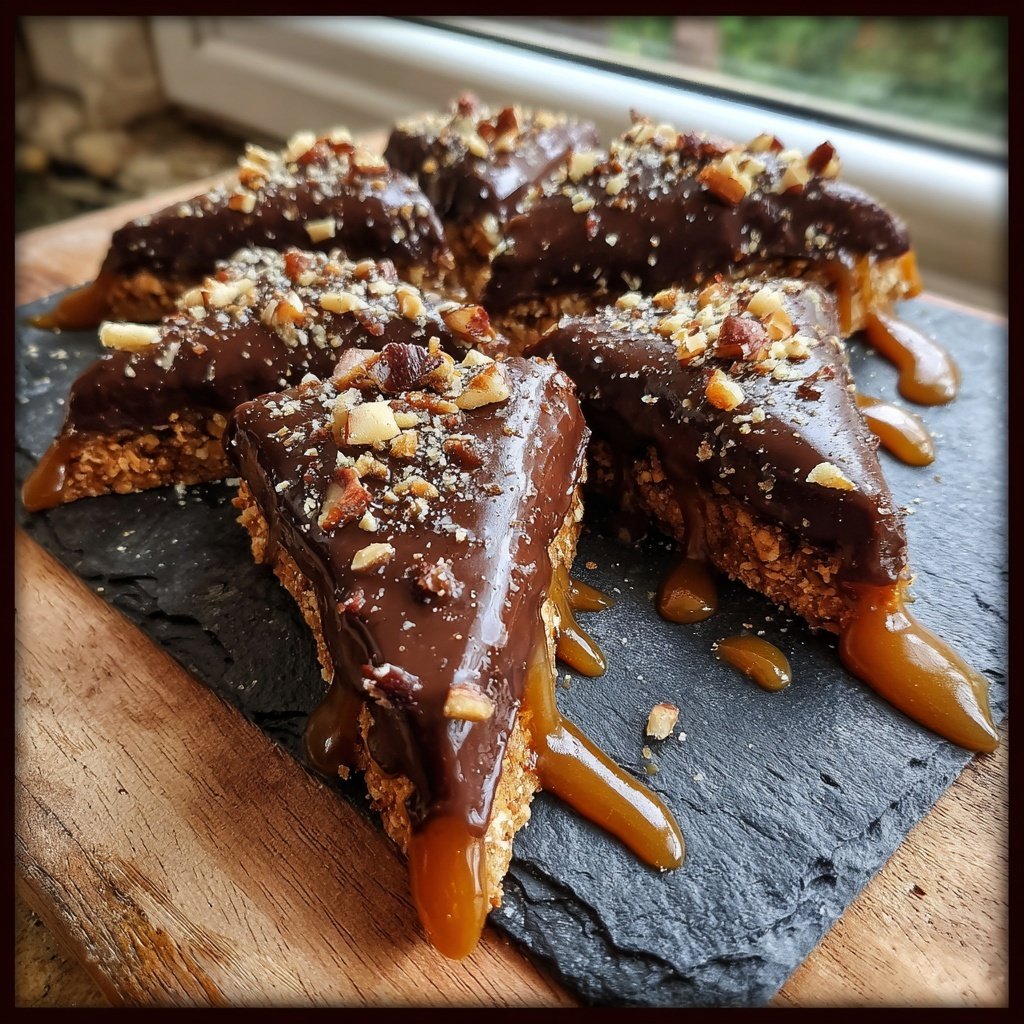 Nussecken mit Karamell, Nüssen und Schokoguss​