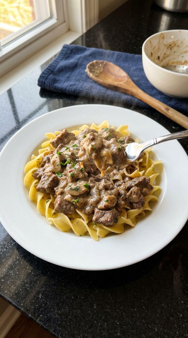 Rind Stroganoff auf Nudeln