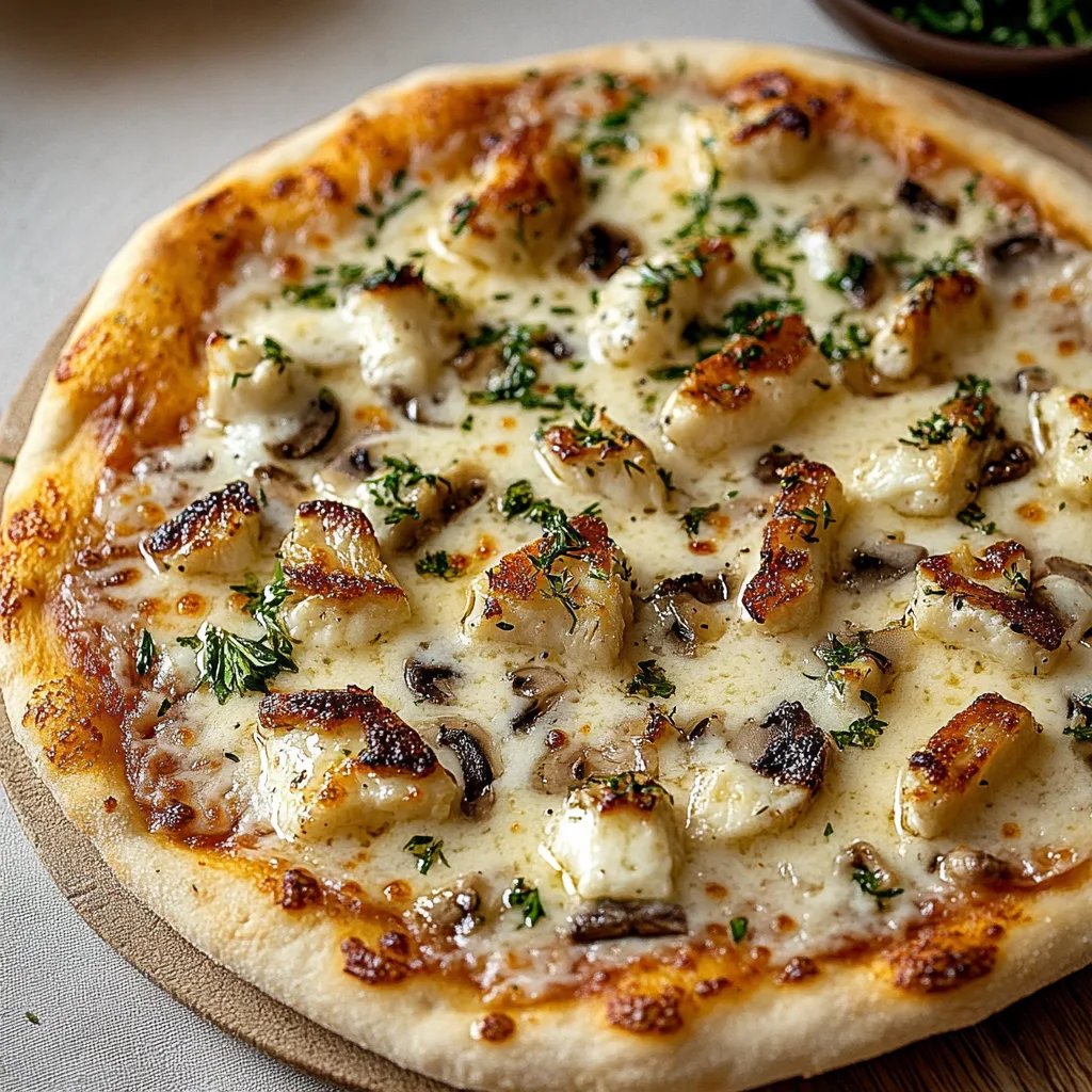 Pizza mit geröstetem Knoblauch und weißem Hähnchen