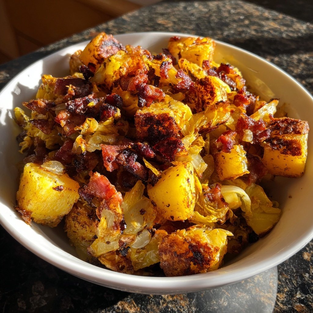 Gebratener Rosenkohl mit Speck, Zwiebeln und Kartoffelwürfeln